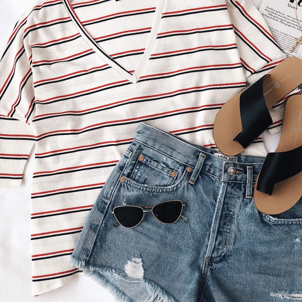 Ivory Striped Oversized V-Neck Tee